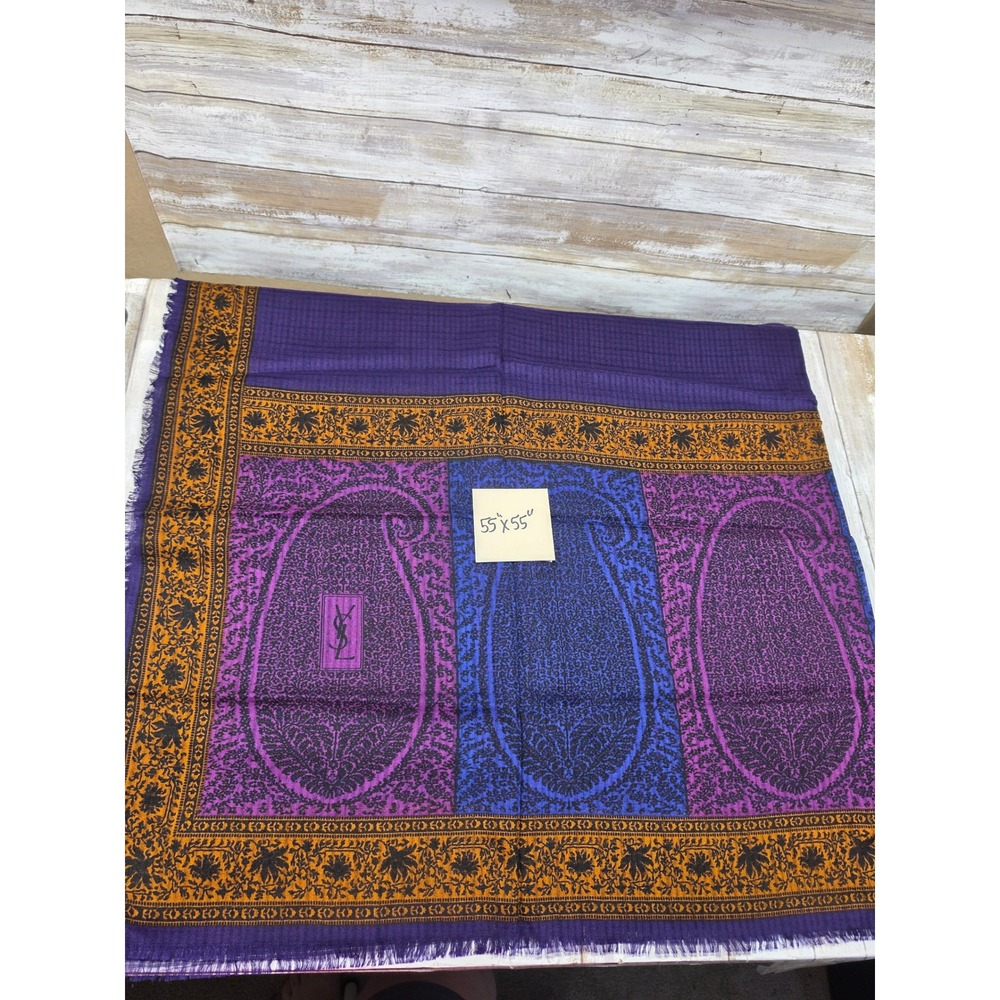 Yves Saint Laurent Foulards Scarf Purple Paisley Wool Silk Blend‎ 55x55 Italy